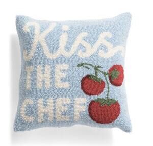 New! Peking Handicraft Blue Hooked “Kiss The Chef” Decorative Pillow 16x16"